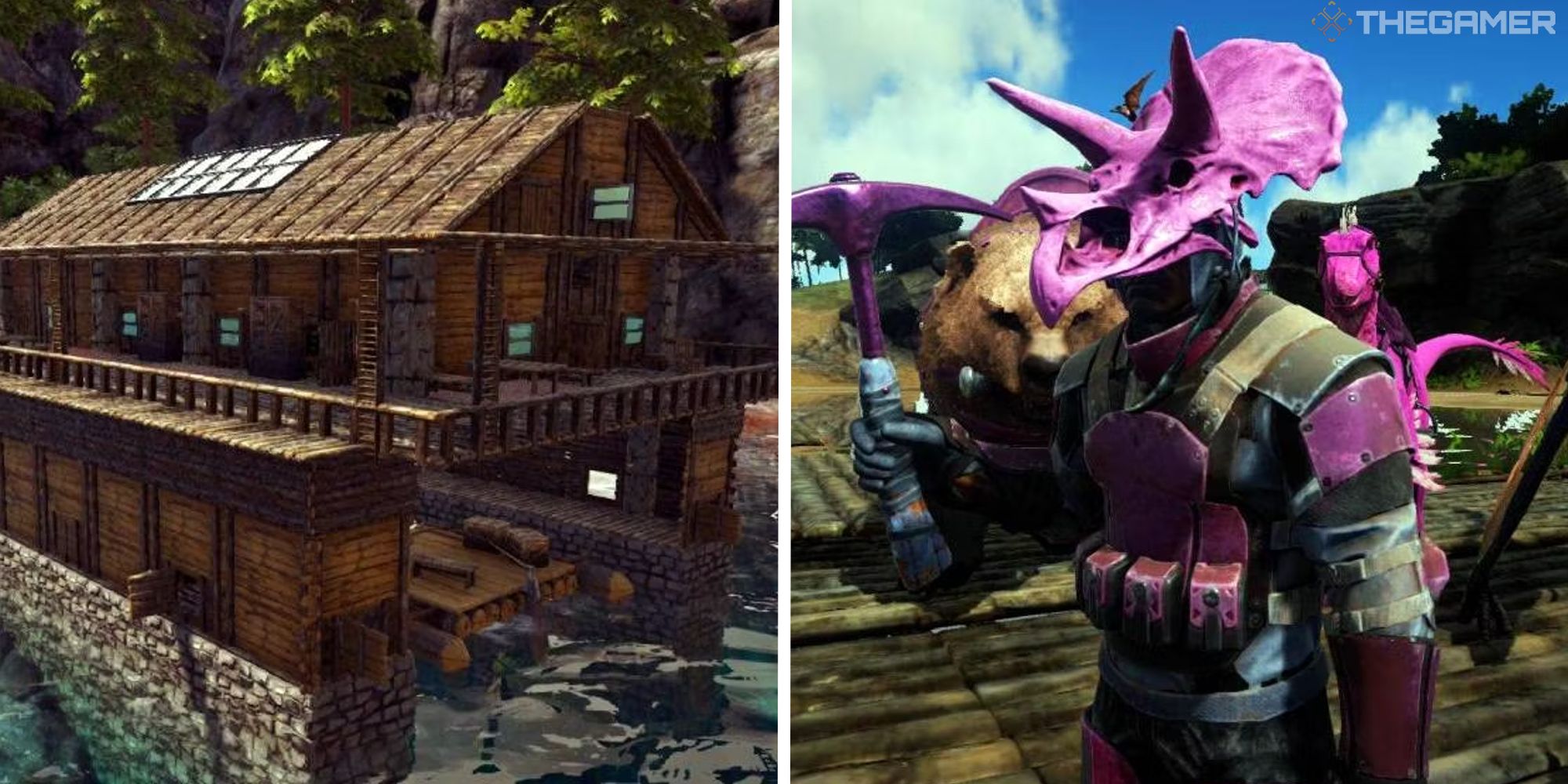 image of cabin next to image of player in pink gear