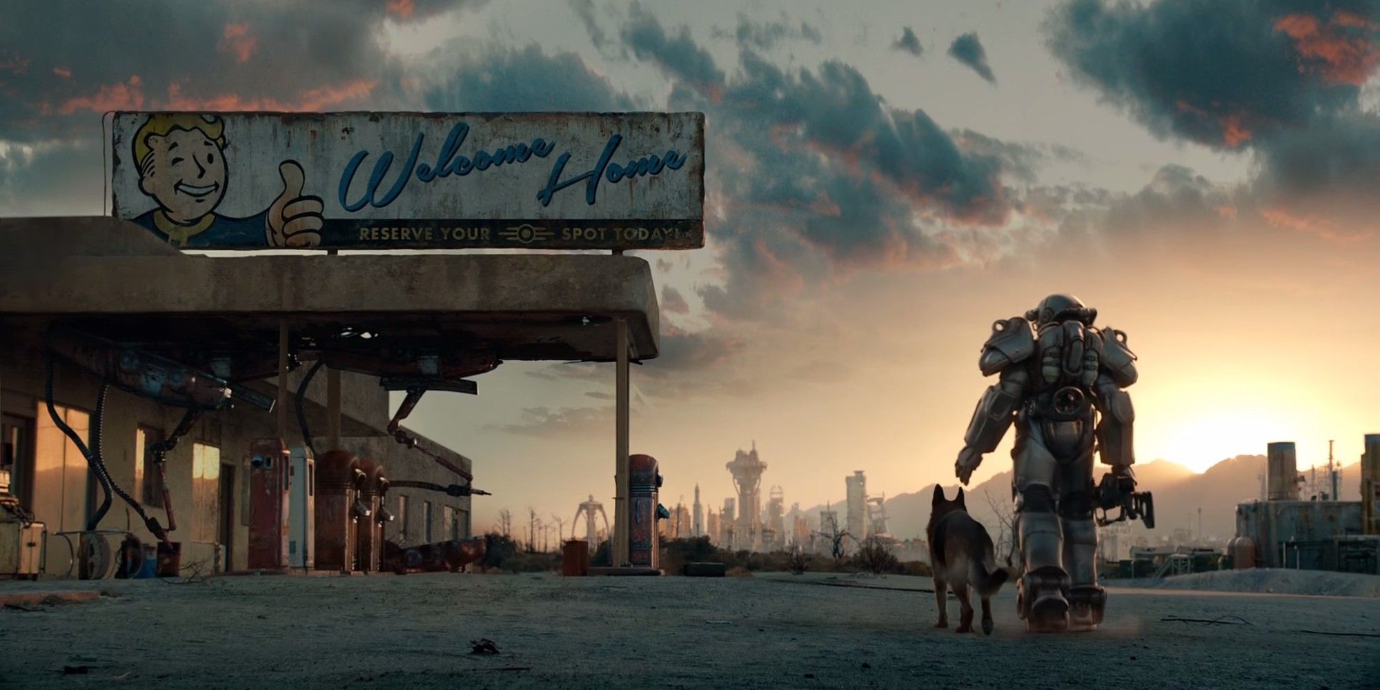 Fallout 4 the sole survivor in power armor with his dog, walking into the sunset
