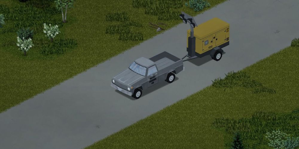 Project Zomboid Autotsar Trailers a truck on the road hauling a generator trailer