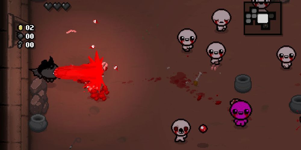 Binding of Isaac Azazel shooting his Brimstone in front of a pack of enemies