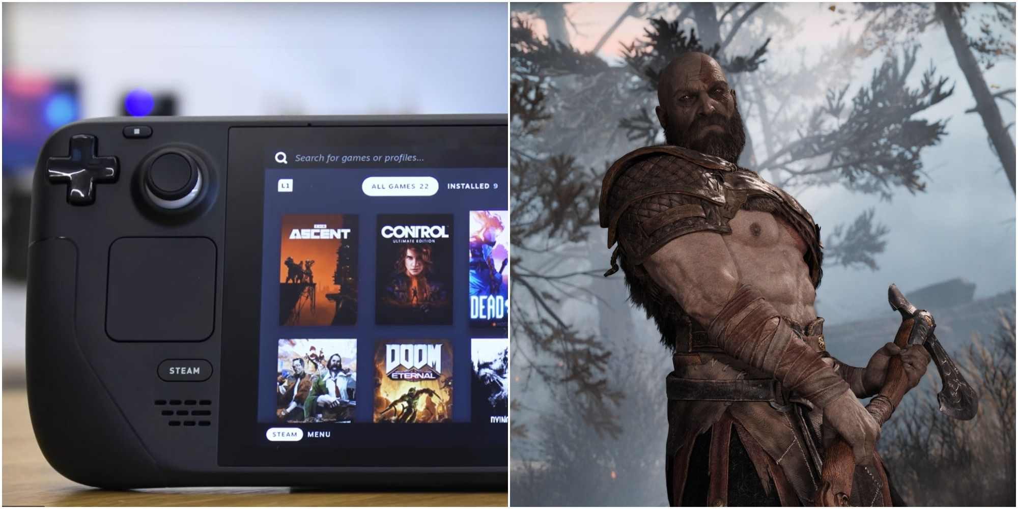 A collage showing the Steam Deck and Kratos in God of War (2018)