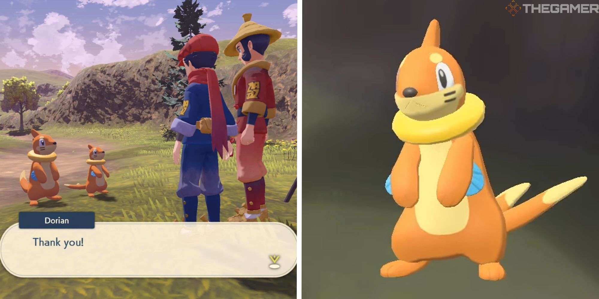 image of player with dorian looking at buizel, next to close up image of a buizel