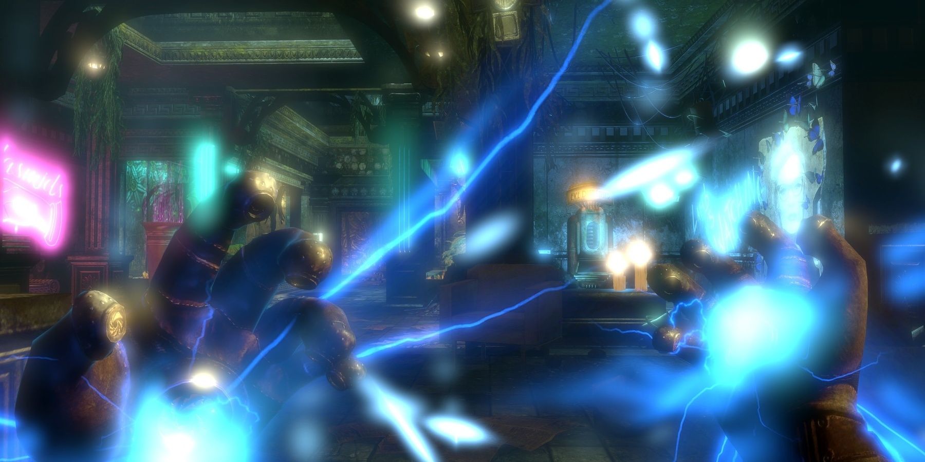 A screenshot showing the player using the Electro Bolt Plasmid in BioShock 2