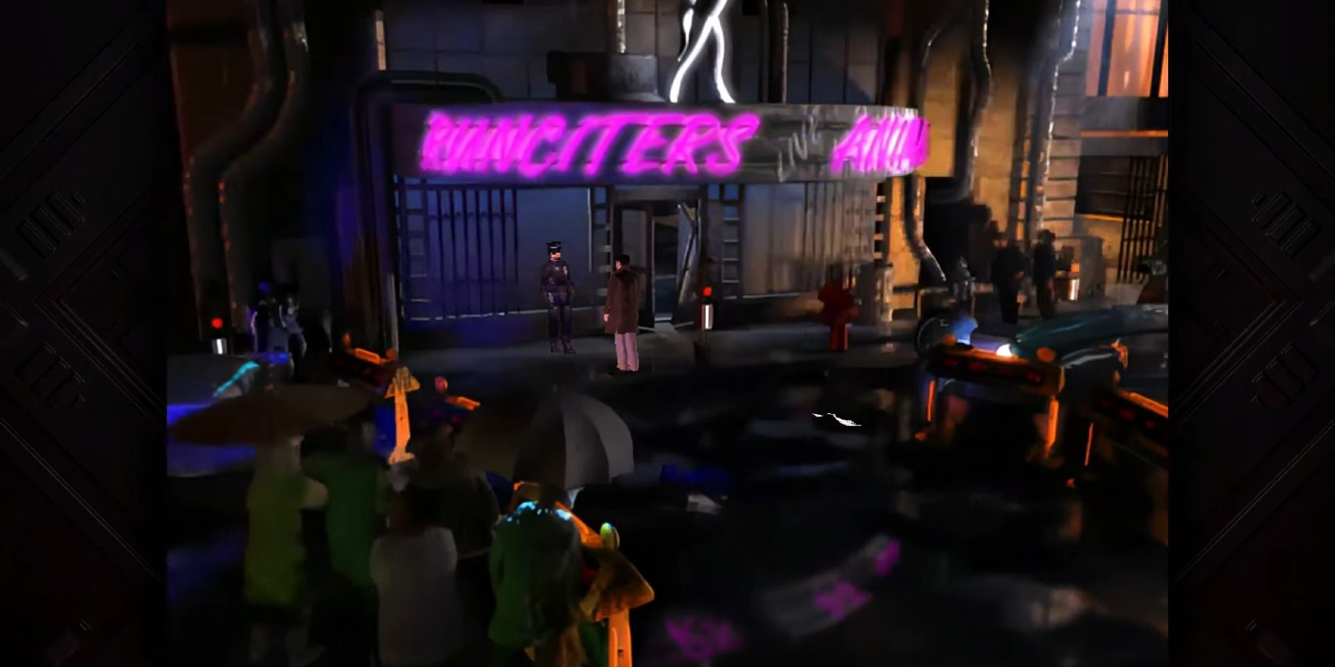 A screenshot showing Ray McCoy talking to a police officer admist a crowd of reporters in Blade Runner: Enhanced Edition