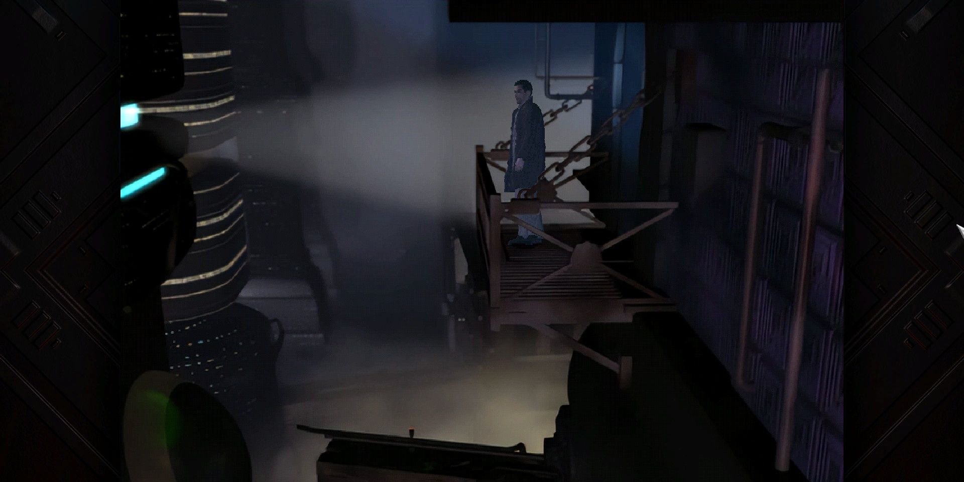 A screenshot showing Ray McCoy standing on a balcony in Blade Runner: Enhanced Edition