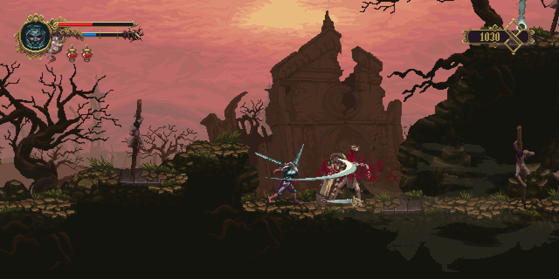 A screenshot showing gameplay in Blasphemous