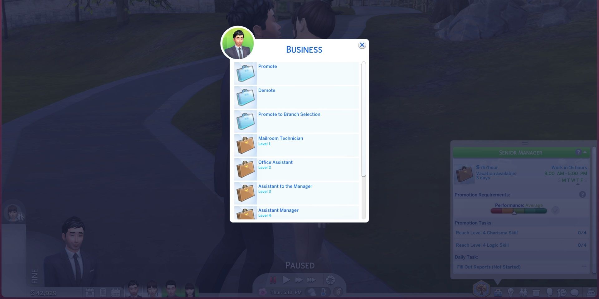 UI Cheats Extension shows the career menu for a Business Sim, with options to promote, demote, and select career level for the active Sim.