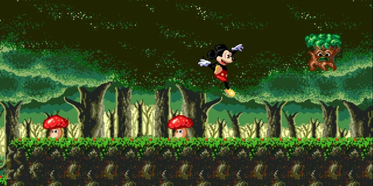 Castle of Illusion - Mickey Jumping Through An Enemy-Filled Forest