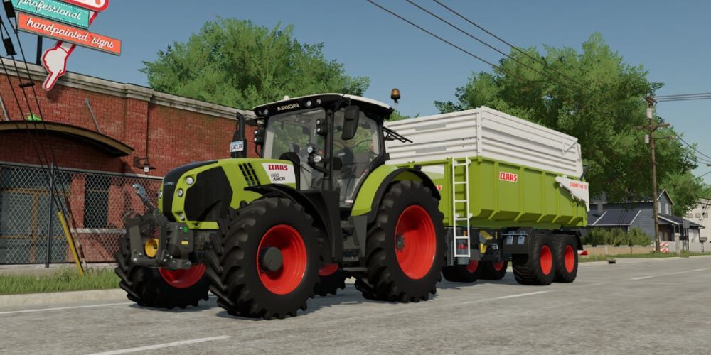 Farming Simulator 22 Claas Arion 660-610 hauling some produce to a selling point