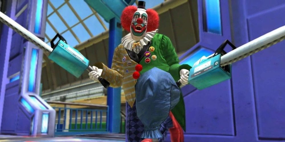 A Clown boss in Dead Rising raises his chainsaws.