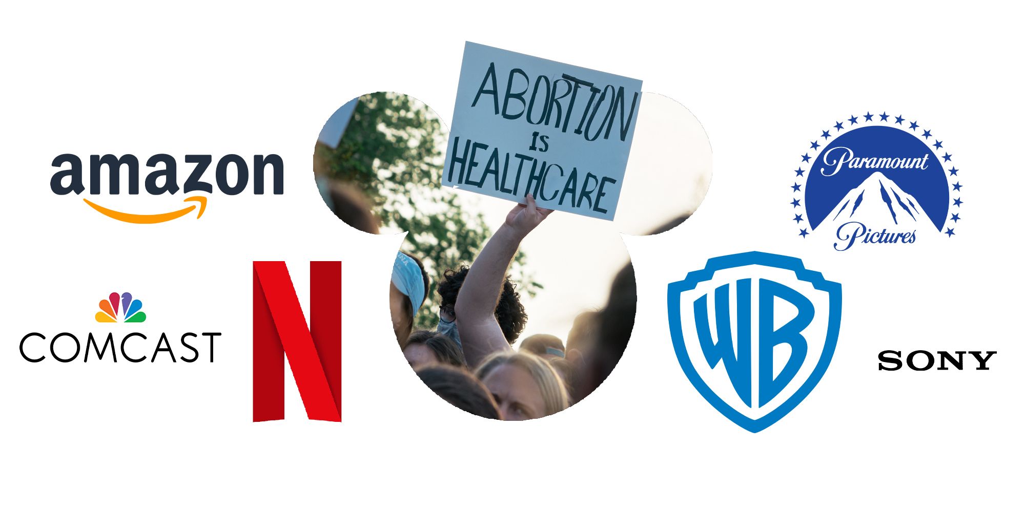 Various company logos, with a sign in the middle reading: "Abortion is healthcare"