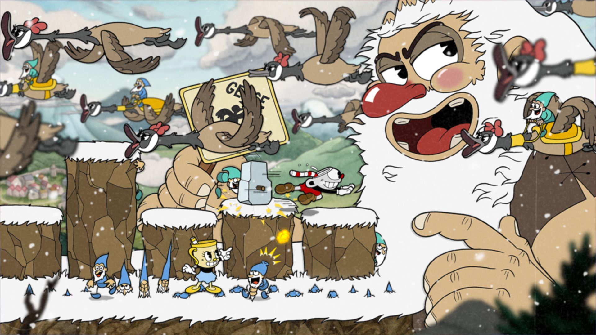 Cuphead and Ms. Chalice fighting against a giant and lots of birds.