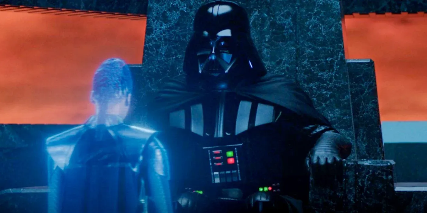 A still image showing Reva addressing Darth Vader through a hologram in the third episode of Obi-Wan Kenobi