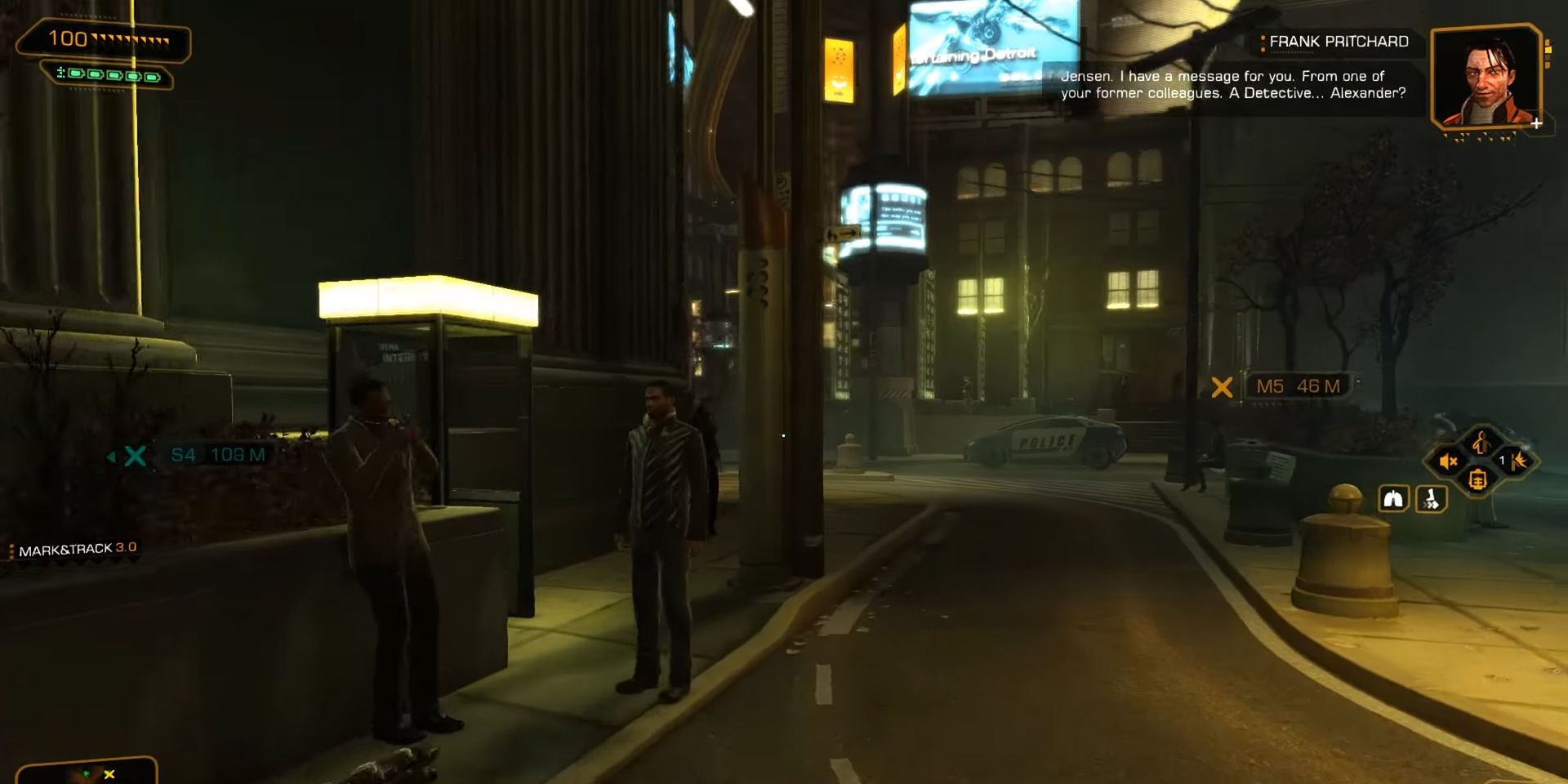 A screenshot showing Detroit area gameplay in Deus Ex: Human Revolution