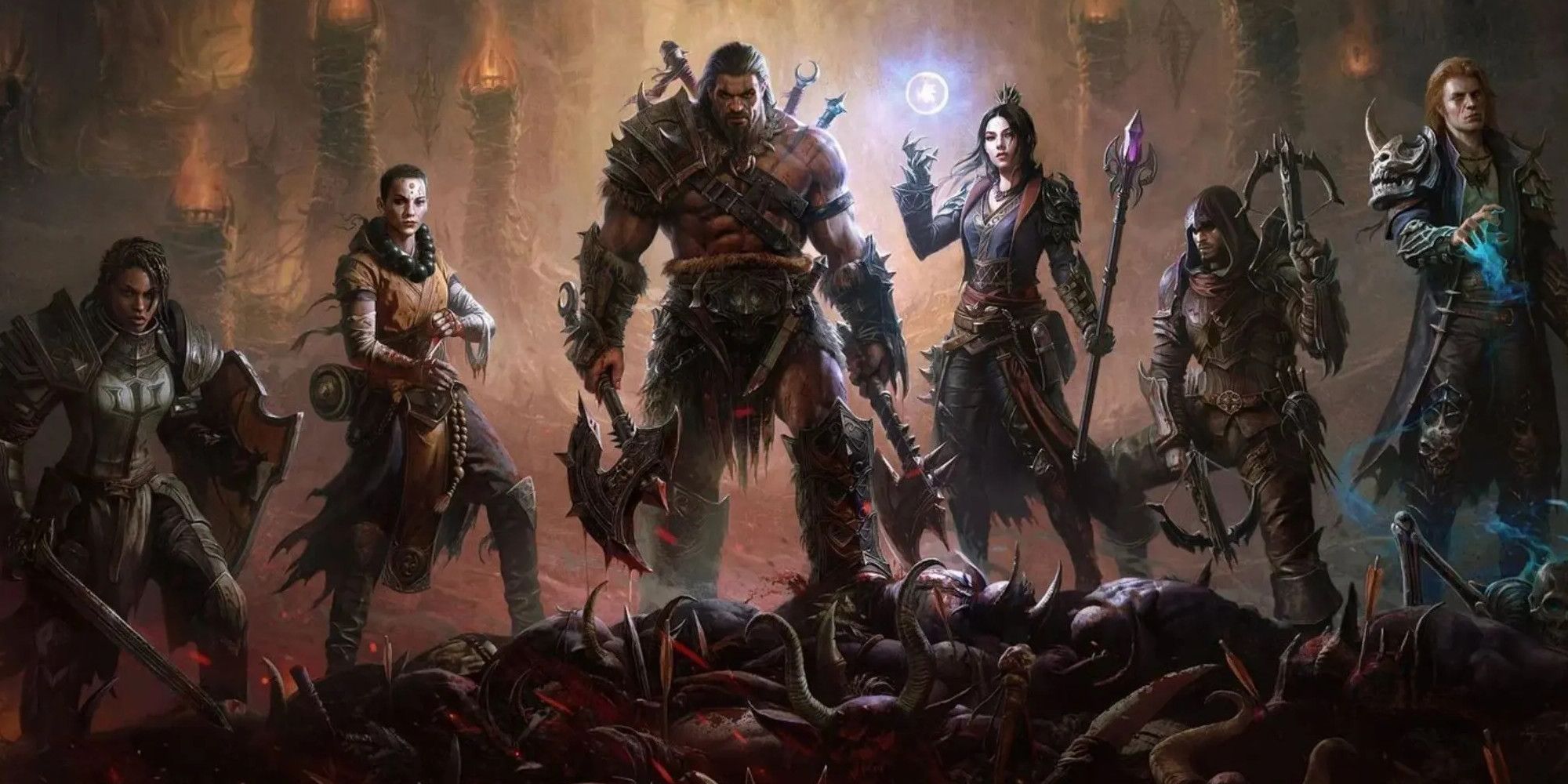 diablo immortal characters lined up on a pile of bodies
