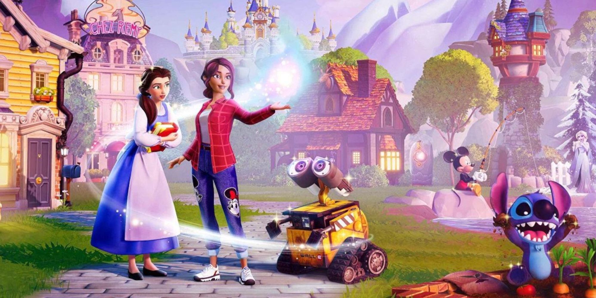 disney dreamlight valley promotional picture, showing the main character using maci and a bunch of Disney characters.