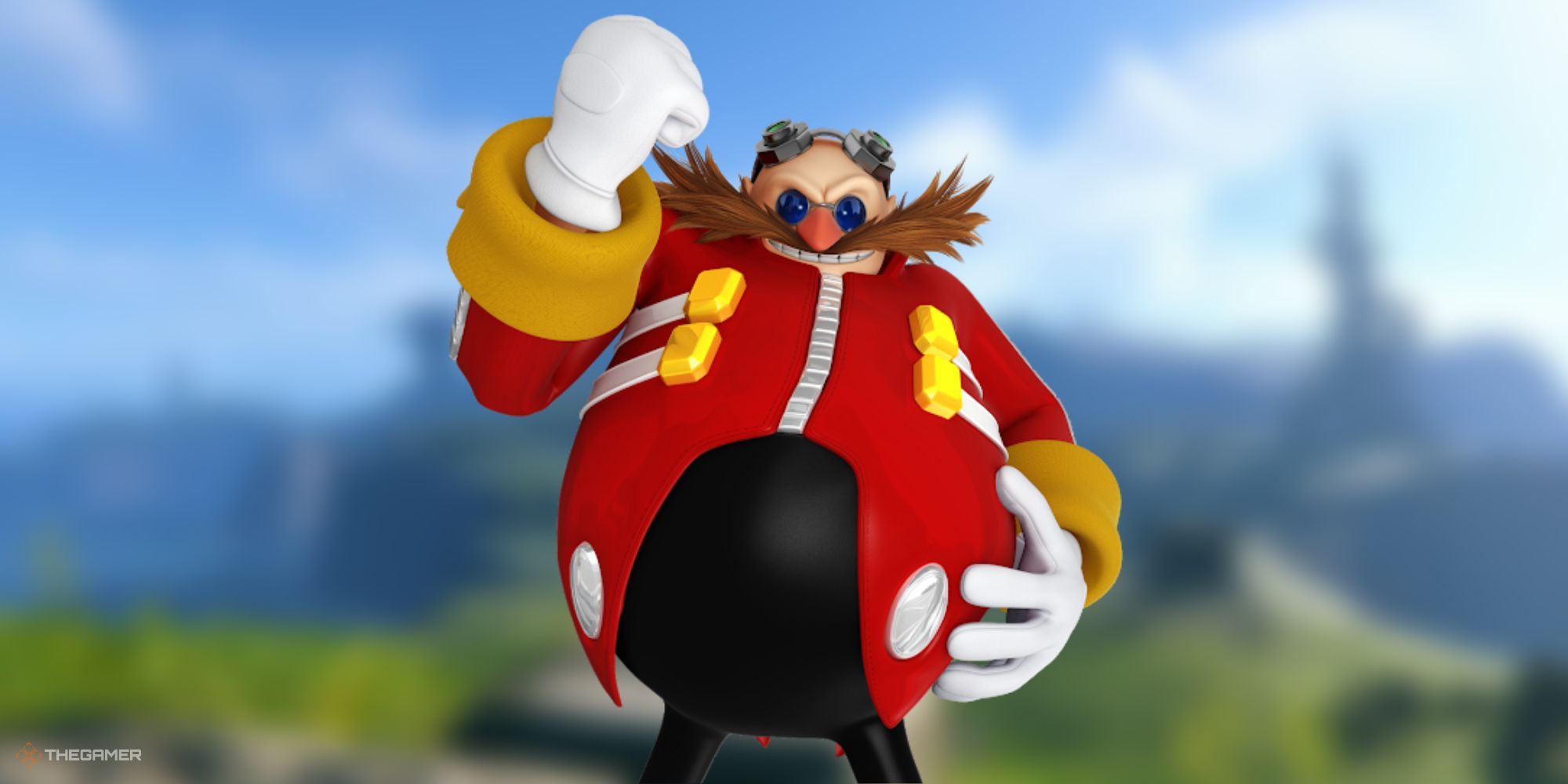 Eggman stands in front of a blurred Sonic Frontiers landscape