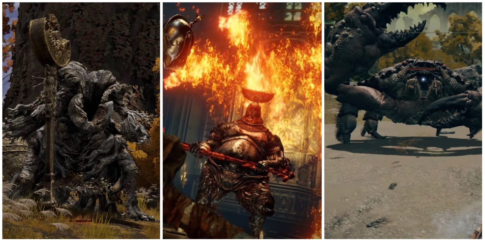 Three shots of different enemies in Elden Ring.