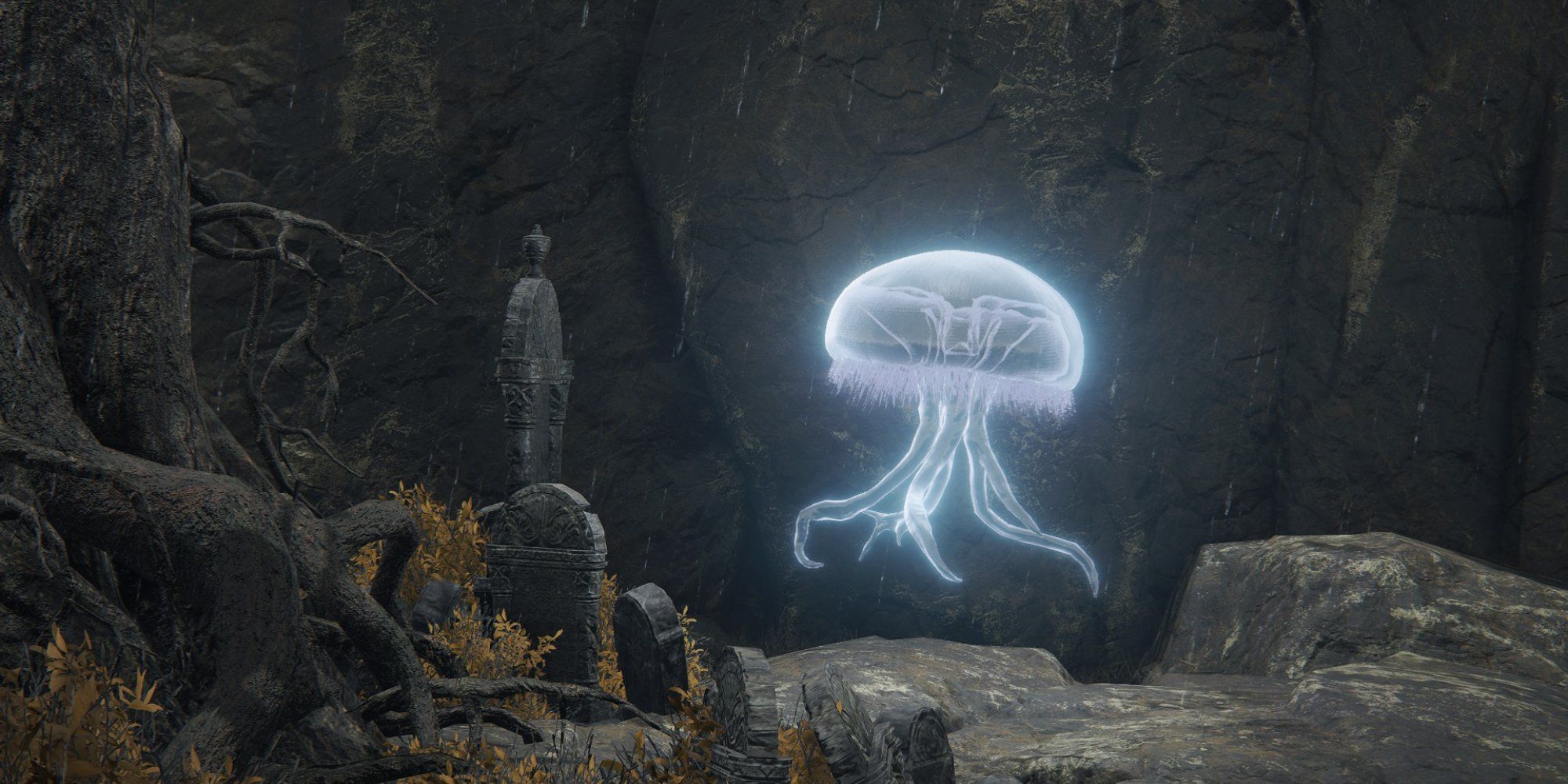 Screenshot of Elden Ring showing a spirit jellyfish by a grave.