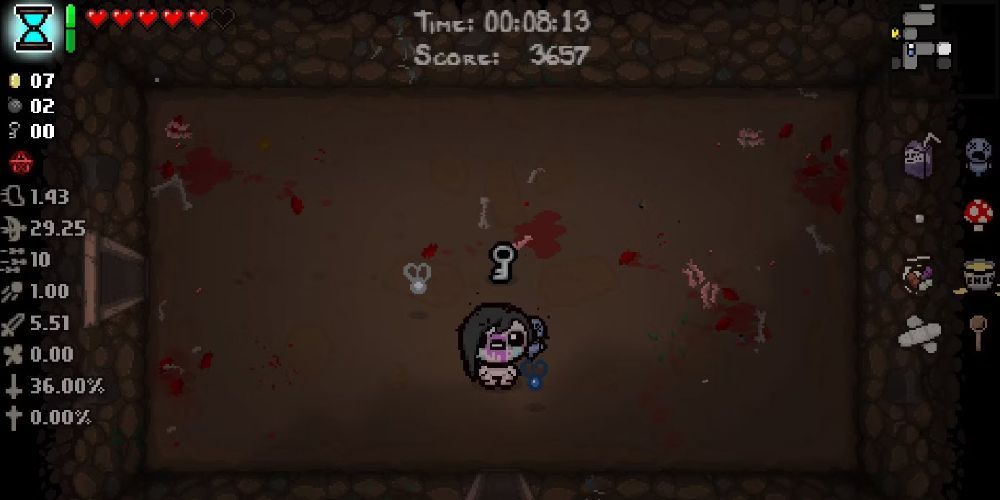 Binding of Isaac Eve in the middle of the room getting ready to pick up a key