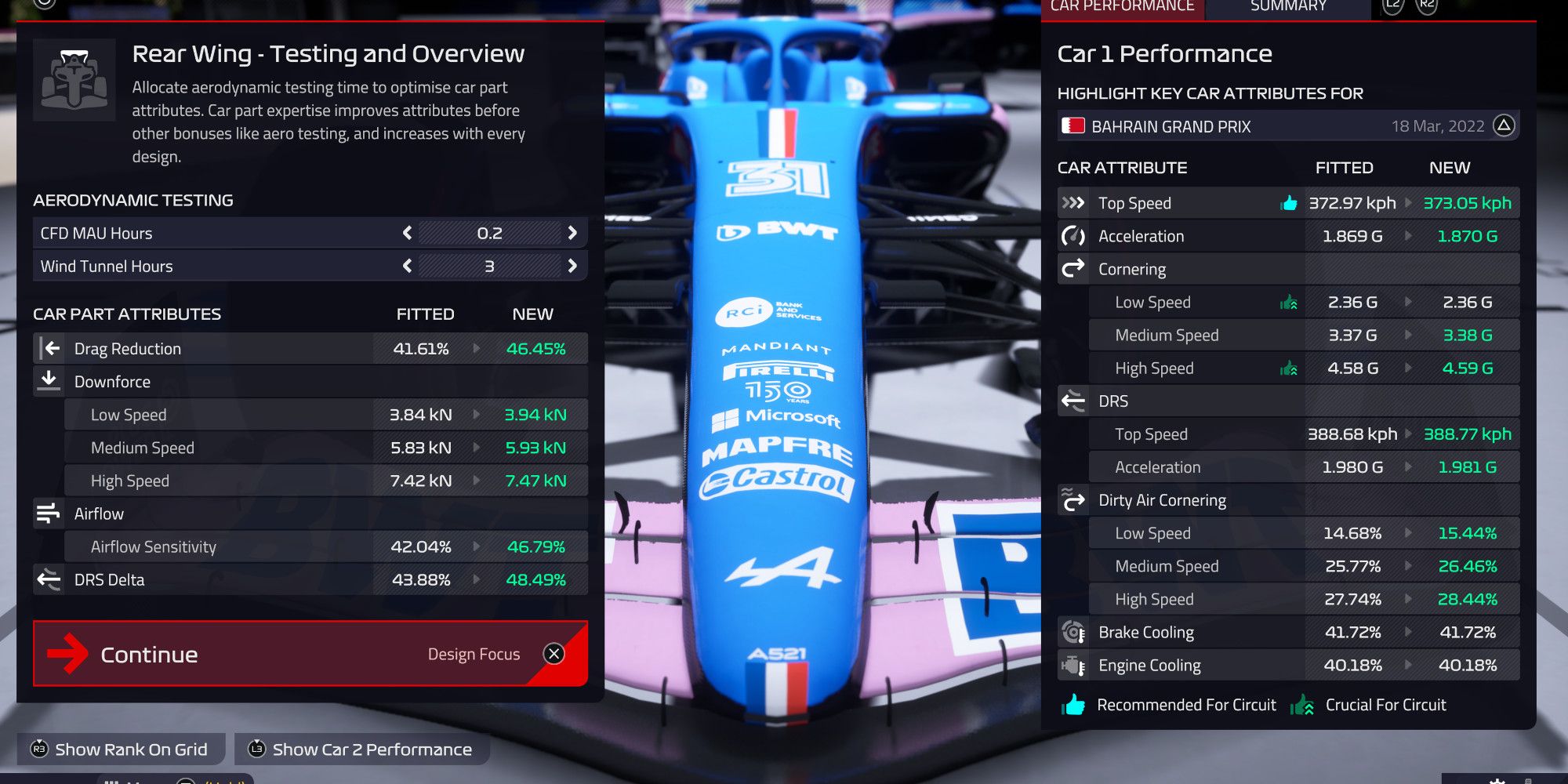 f1 manager 2022 car part customisation screen showing lots of numbers