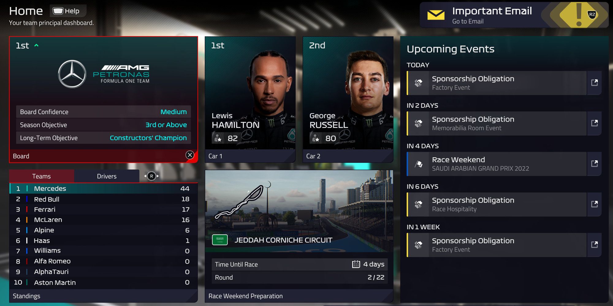 f1 manager 2022 driver screen showing hamilton and russel