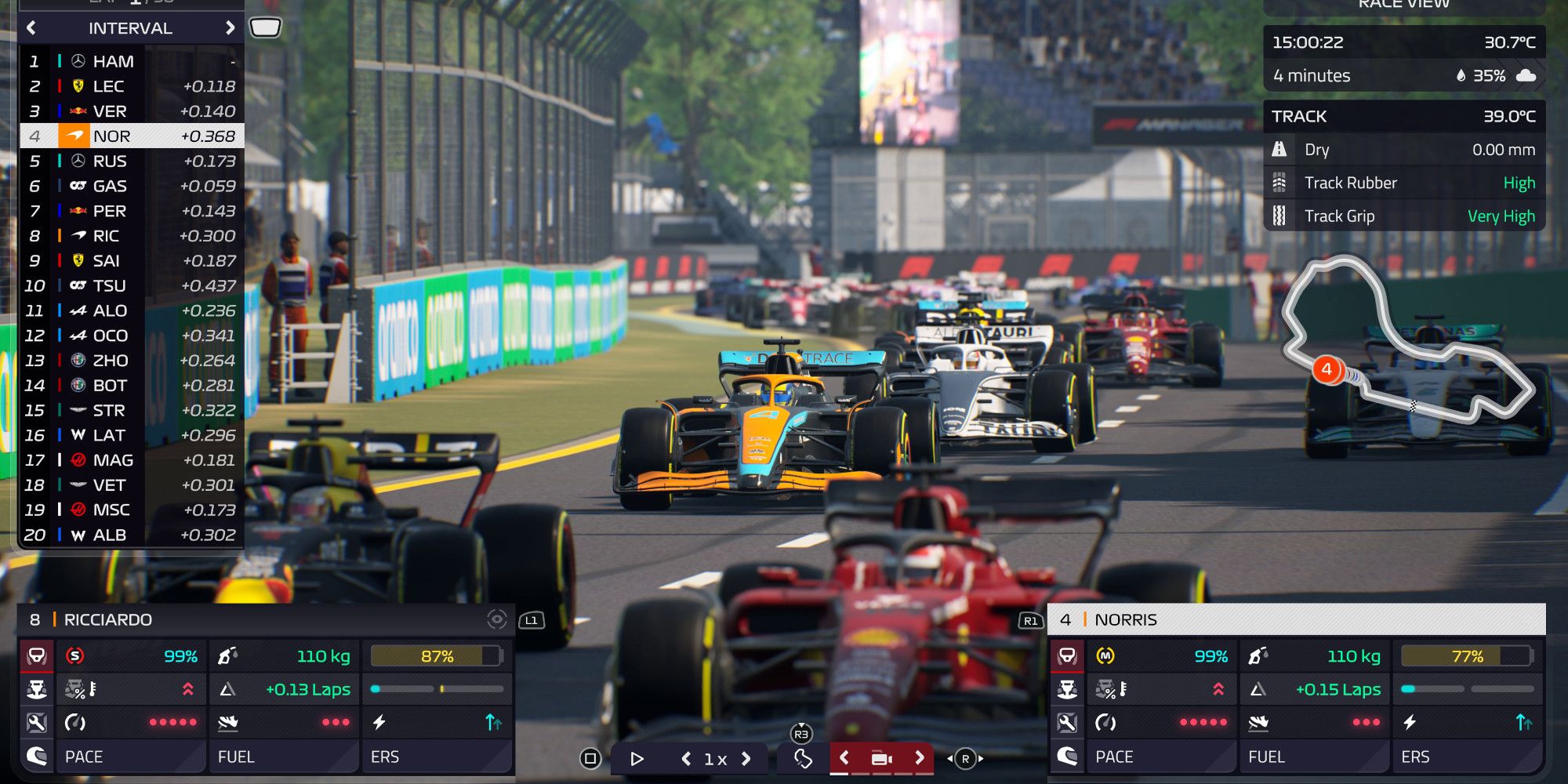 f1 manager 2022 race screen showing the interval and commands you can give to drivers