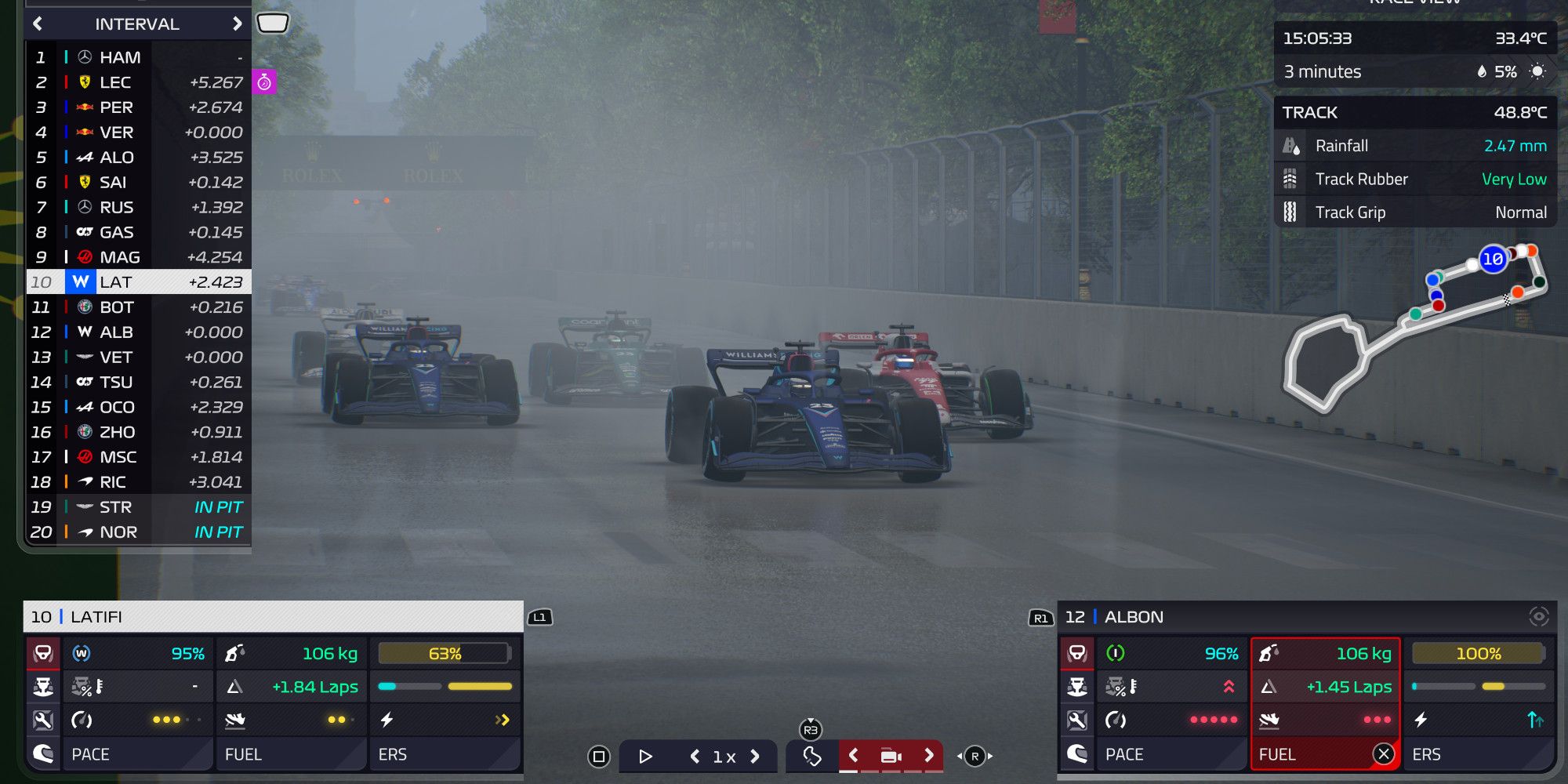 f1 manager 2022 race screen with wet weather showing the interval and commands you can give to drivers