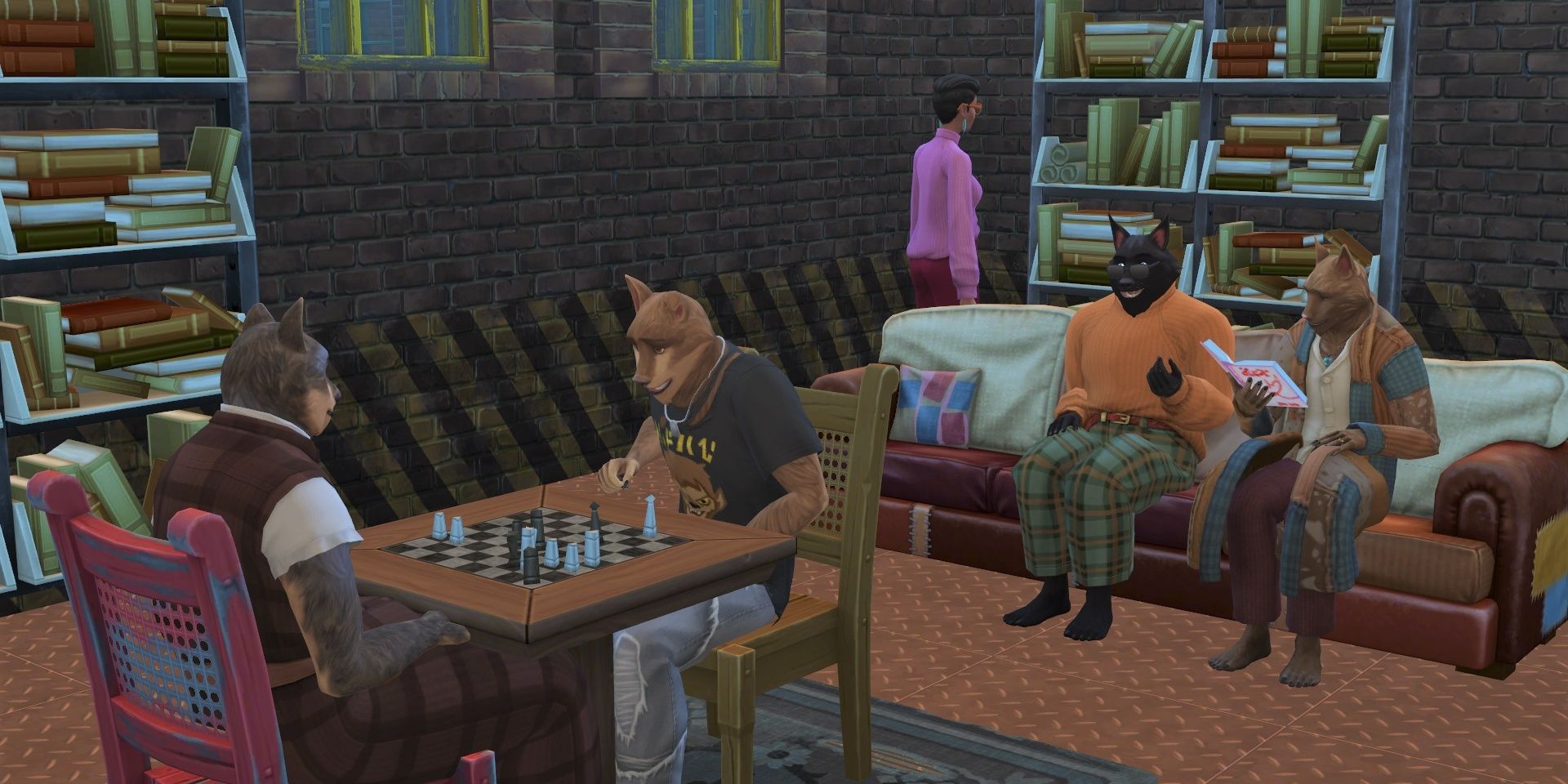 At the Moonwood Mill Library, two werewolves play chess, while to read on a worn patchwork couch.