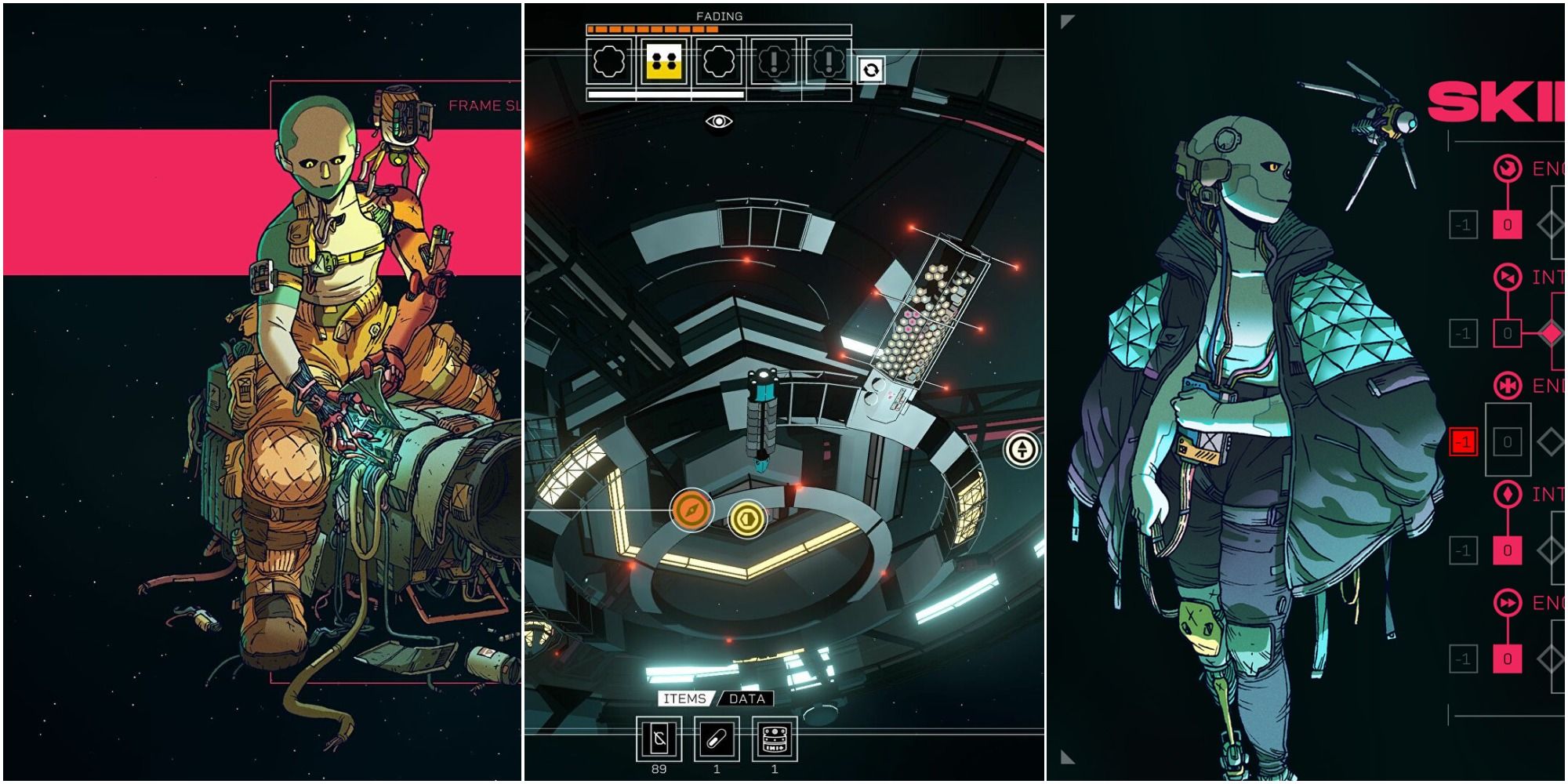 two robotic figures are shown depicting two of the three classes. they bookmark the hub which is the central portion of the space station known as the eye in citizen sleeper