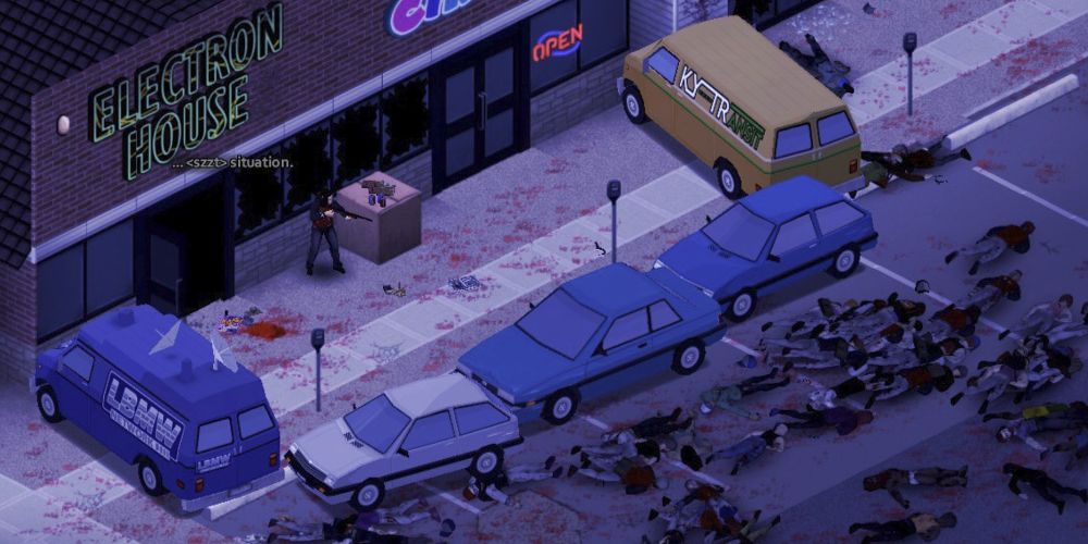 Project Zomboid Feature Image Survivors surrounded by a car barricade with a dead horde surrounding it