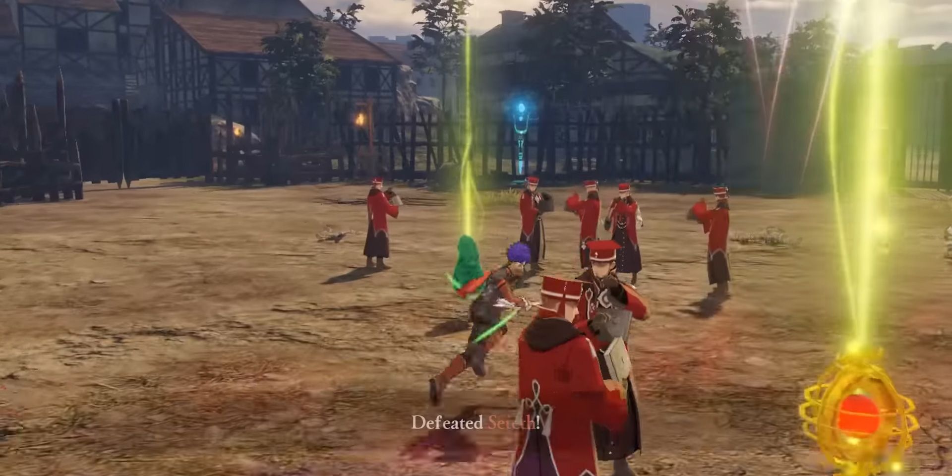 A screenshot showing Shez running amidst a group of allies in Fire Emblem Warriors: Three Hopes