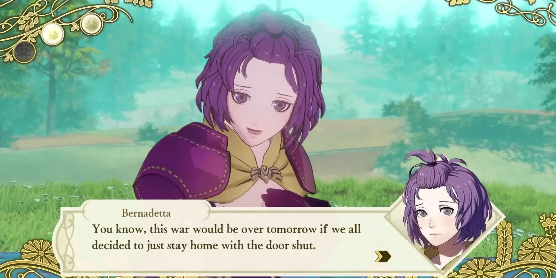 A screenshot showing Bernadetta in Fire Emblem Warriors: Three Hopes