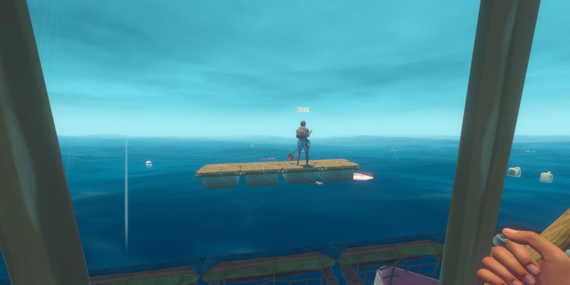 A player stands on a separated section of a Raft