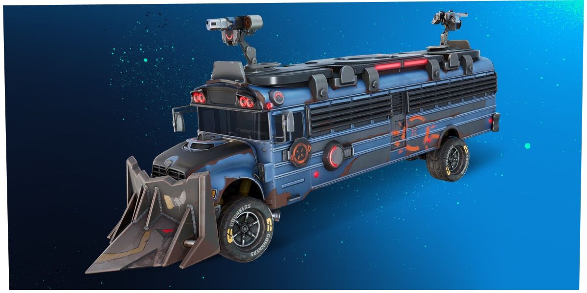 A fortnite battle bus outfitted with a cow-catcher and two unmanned gun turrets