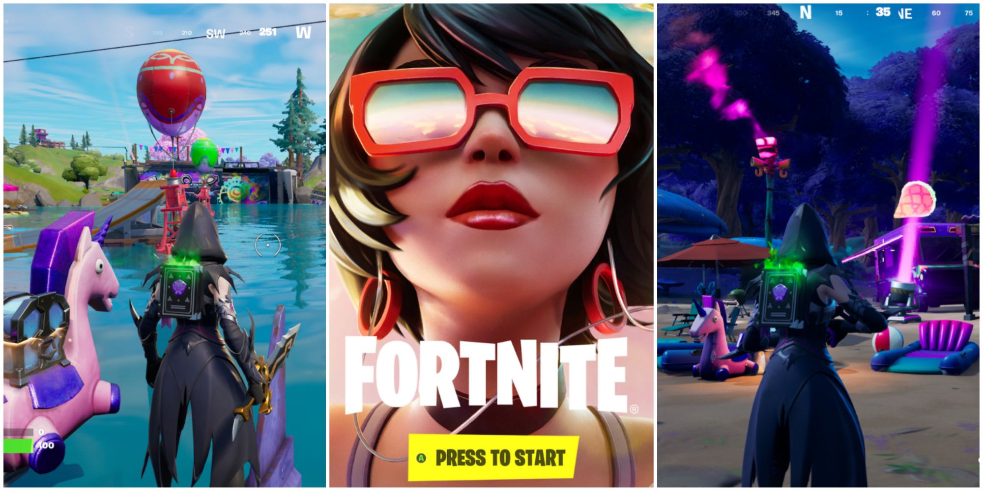 fortnite character near unicorn floaty and loot lake, fortnite vibin theme menu, fortnite character on beach near party featured