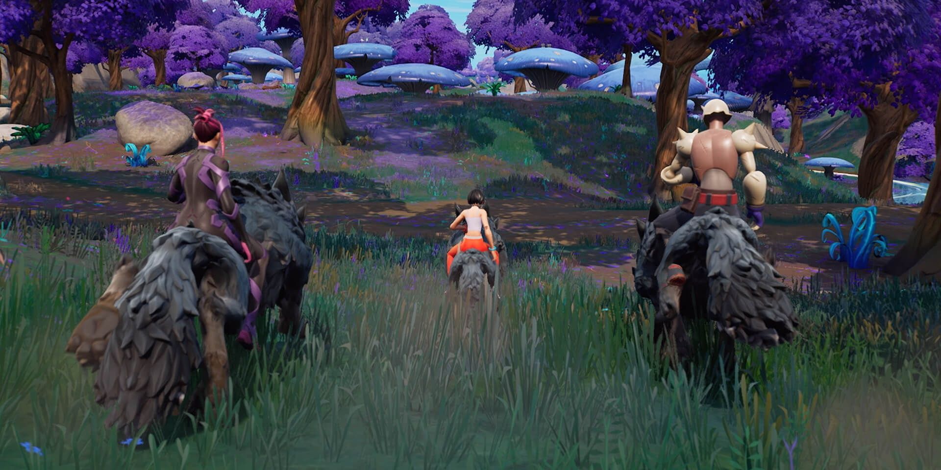 Three fortnite characters riding wolves in a forest.
