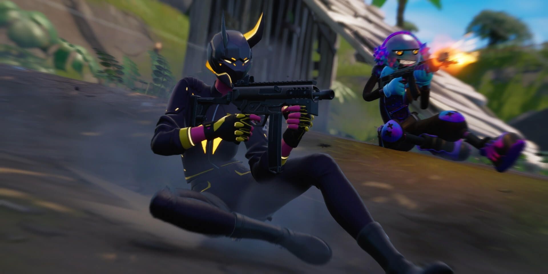 Two fortnite characters sliding and shooting guns