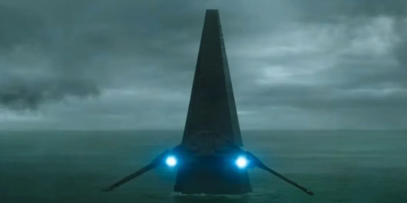 A still image showing Reva's ship flying towards the Fortress Inquisitorious in Episode 3 of Obi-Wan Kenobi