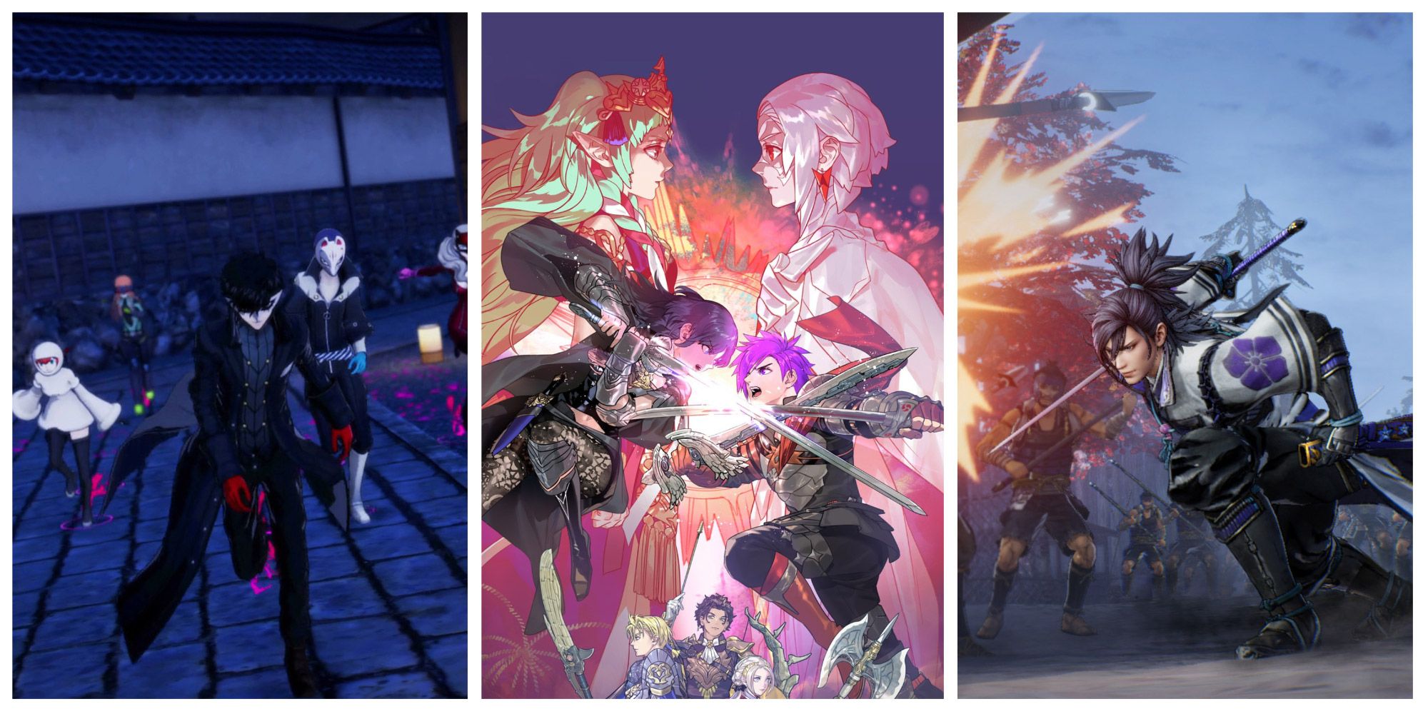 A collage showing gameplay and scenes from Persona 5 Strikers, Samurai Warriors 5, and Fire Emblem Warriors: Three Hopes