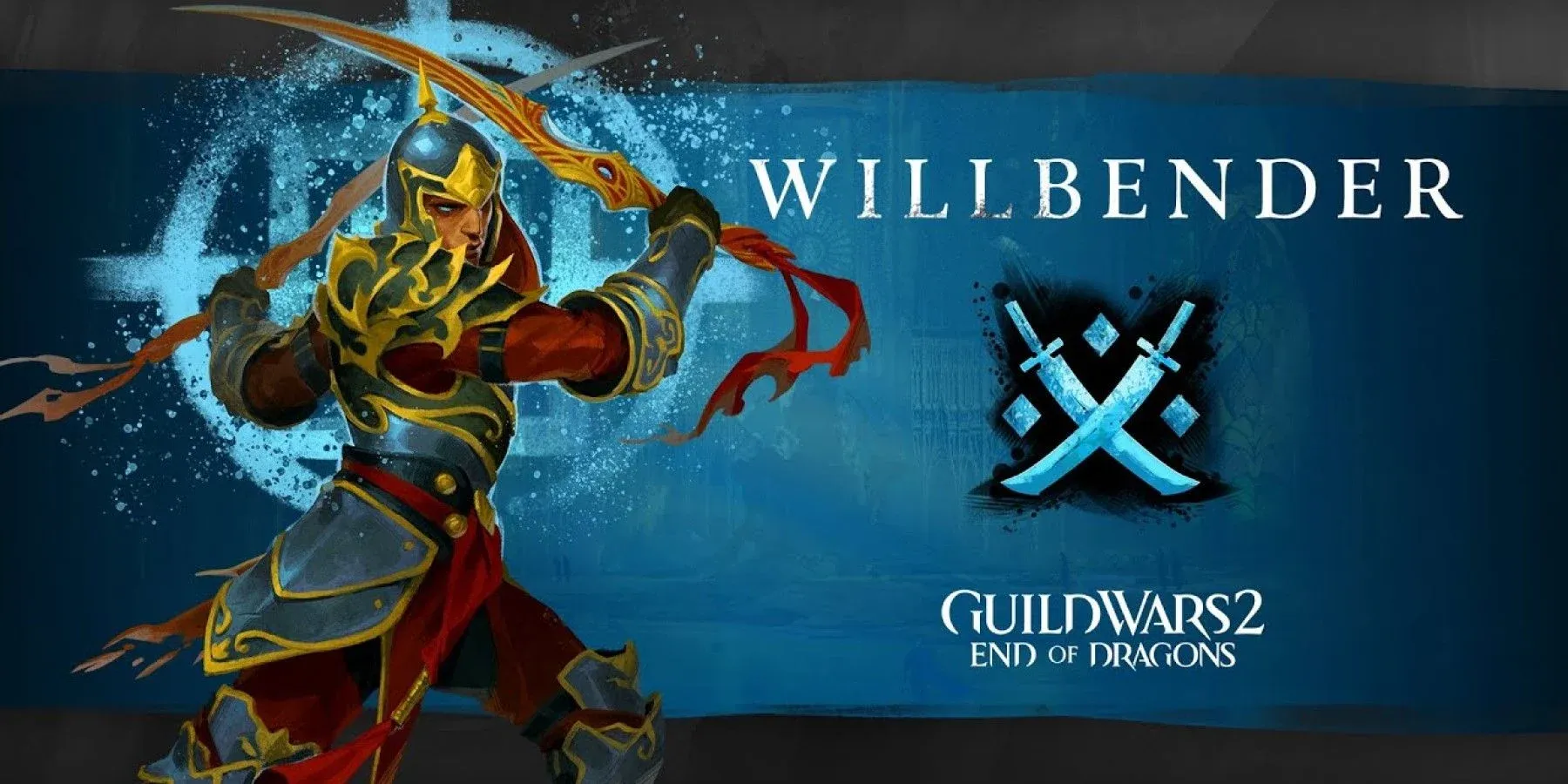 A human Willbender dual wields swords on a blue background, the class icon is to the right of the image