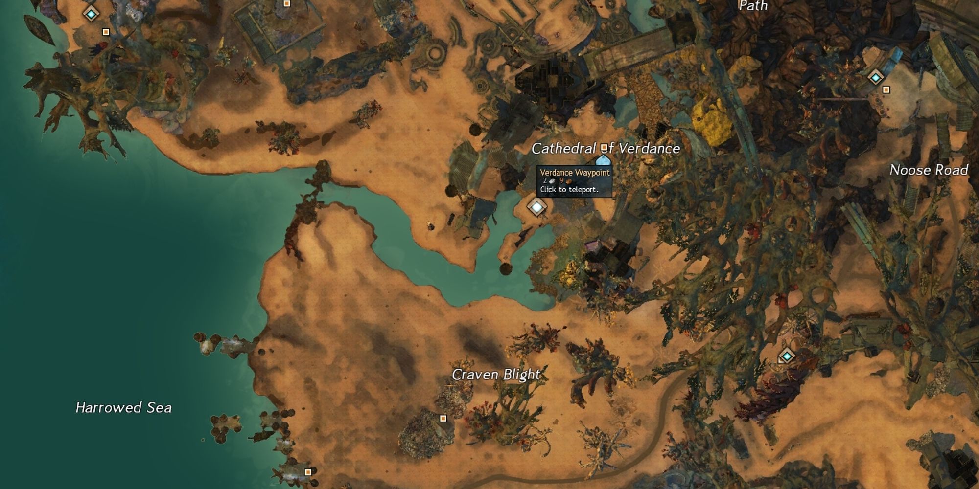 Verdance Waypoint location on map of cursed shore