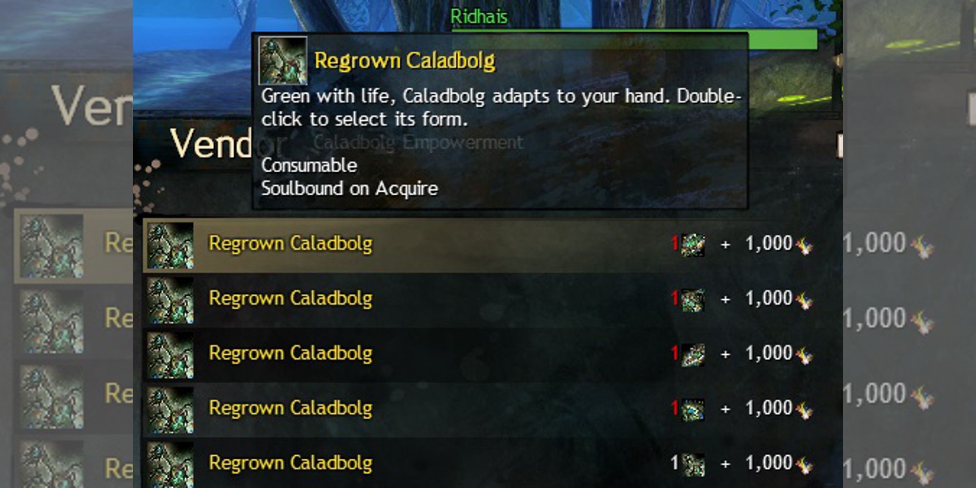 player purchasing a regrown caladbolg from ridhais