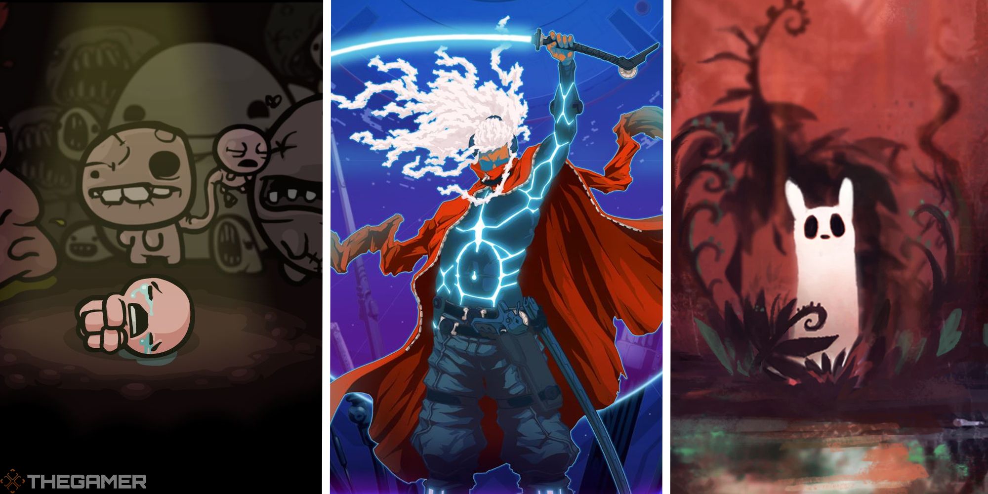 split image showing art from binding of isaac, furi, and rain world