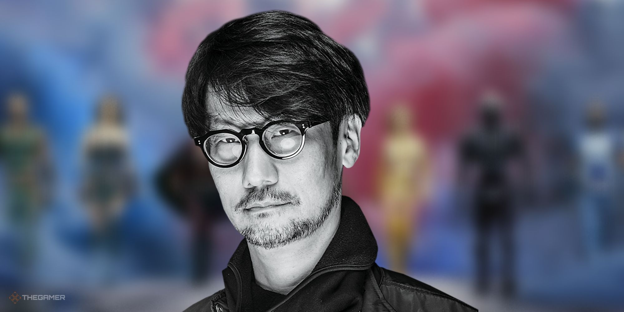 A portrait of game director Hideo Kojima in front of a blurred image of Amazon's show, The Boys