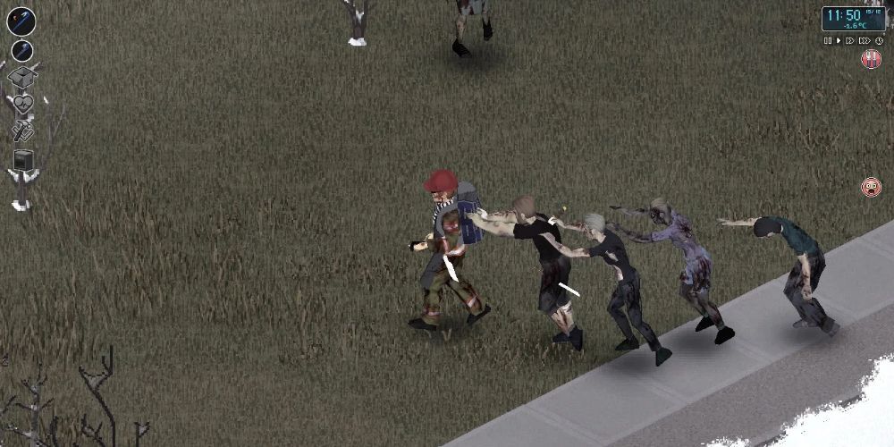 Survivor being chased by zombies with a hunting knife on his belt in Project Zomboid