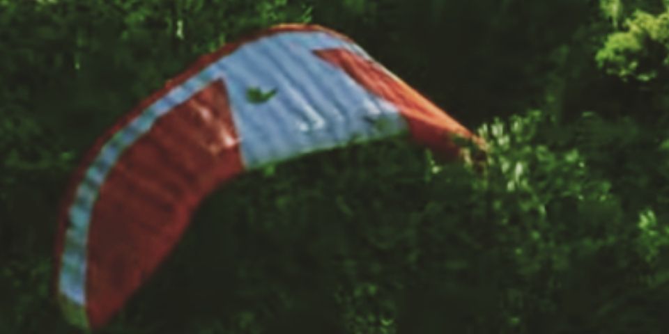 a red and white paraglider in the trees