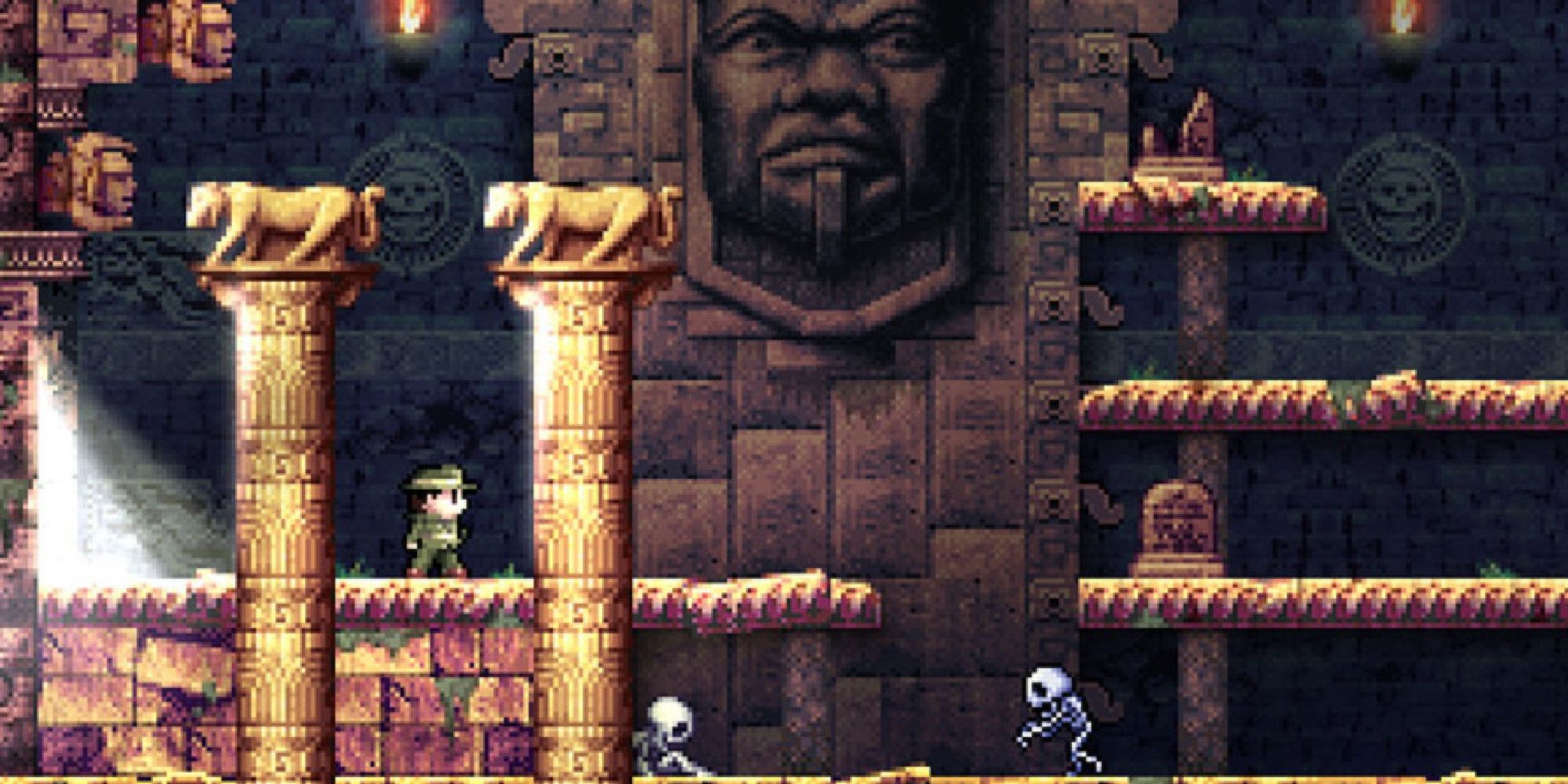 A screenshot from La-Mulana, showing the main character observing a mysterious temple room strewn with skeletons