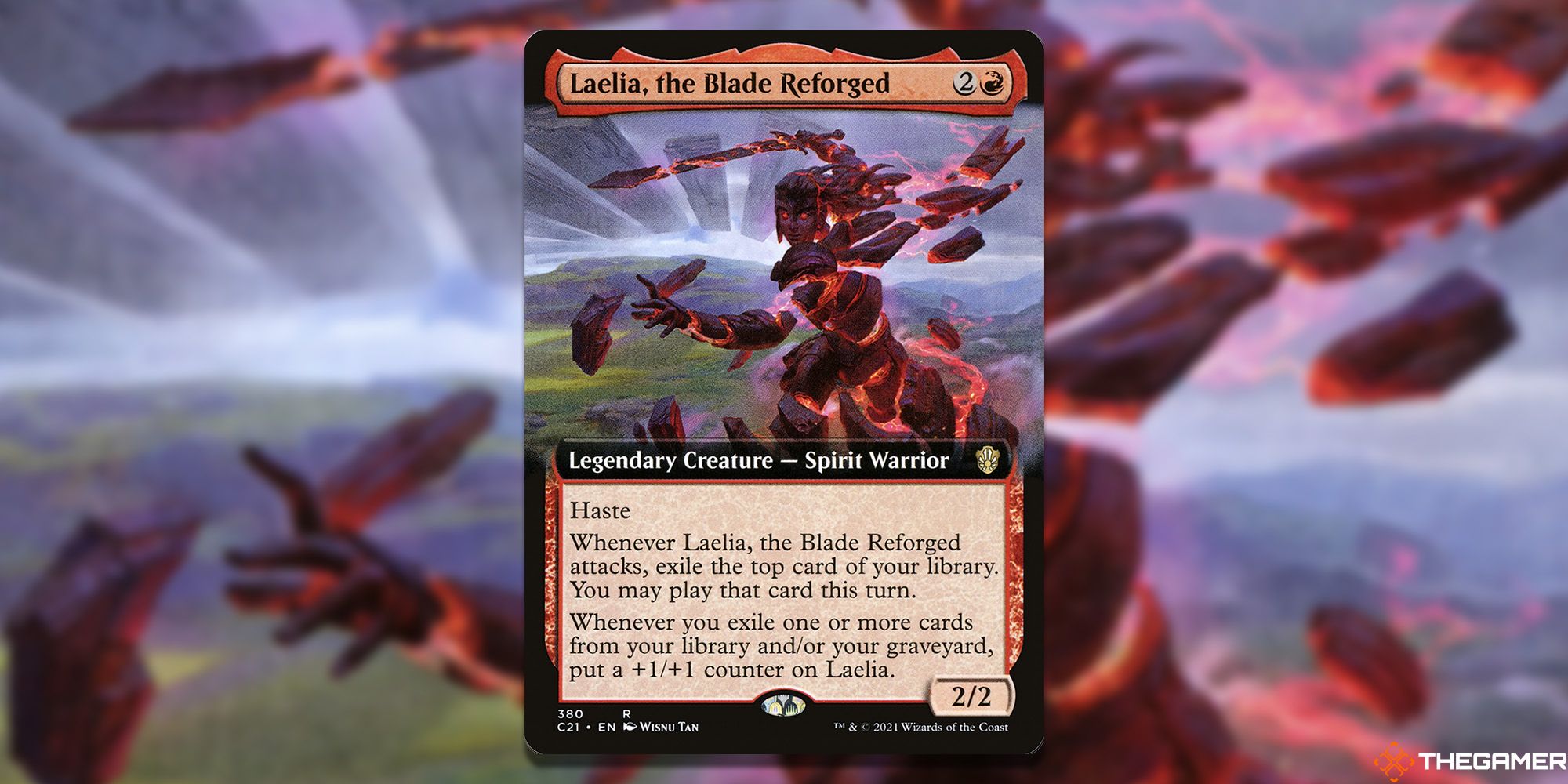 laelia, the Blade Reforged Magic: The Gathering card overlaid over artwork.