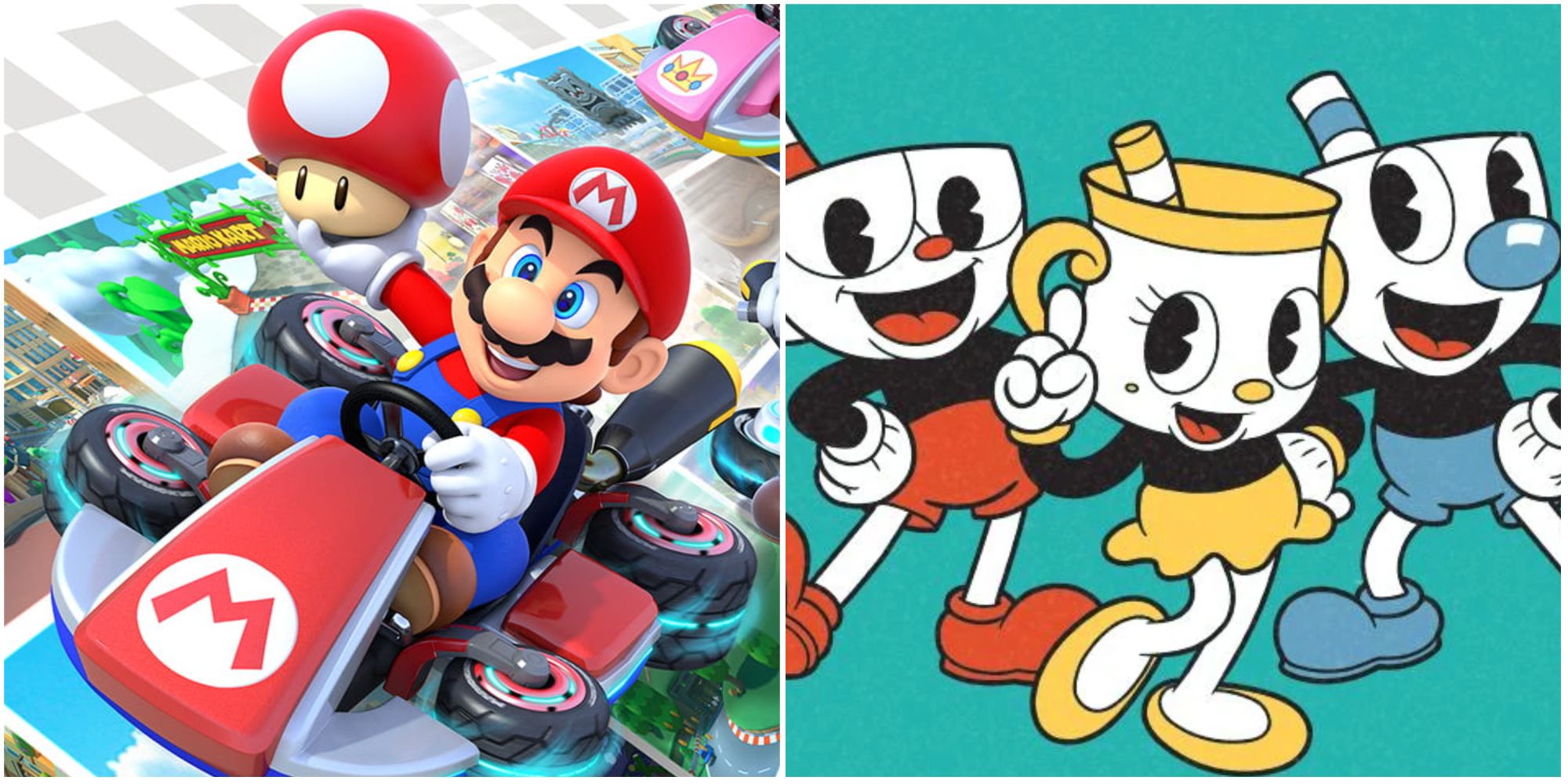 split image of mario kart 8 booster pass and cuphead: the delicious last course